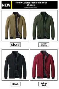 Detailed grid view of cotton stand collar jackets in khaki, green, black and burgundy