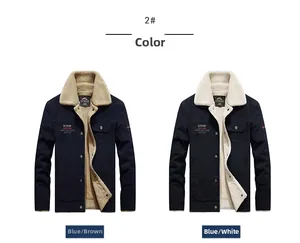 Detail view of winter workwear jackets with faux fur collars in blue, coffee and white