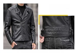 Detail view of men's black PU leather motorcycle jacket with quilted shoulder texture