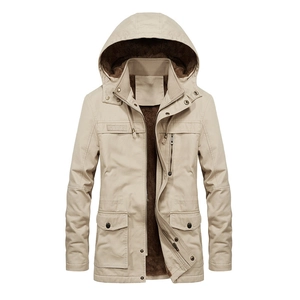 Men's khaki hooded fleece jacket with warm lining and practical multi-pocket design