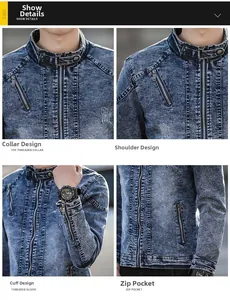 Detail view of denim jacket with ribbed collar, zipper pockets and metal button hardware