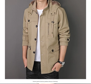Detail of khaki hooded winter jacket with fleece lining and multi-pocket design