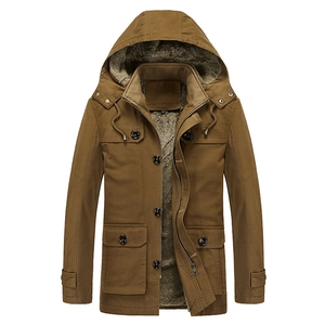 Men's brown winter parka jacket with thick fleece lining and drawstring hood
