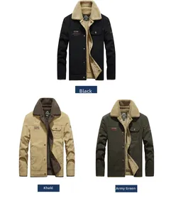 Detail view of winter cargo jackets in black, khaki and army green with fleece lining