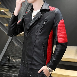Men's slim fit PU leather biker jacket with red quilted patches and zipper details