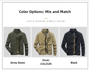 Detailed comparison of cotton stand collar jackets in army green, khaki, and black colors