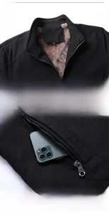 Close-up of men's winter jacket showing soft brown fleece lining and zippered side pockets