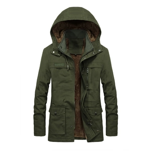 Men's army green hooded mid-length parka with warm fleece lining and pocket details