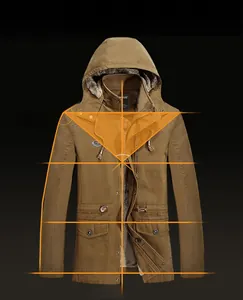 Detail view of khaki hooded parka jacket featuring warm fleece lining and 3D tailored design