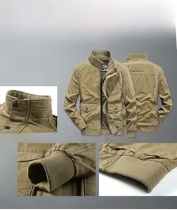 Detailed views of khaki cotton jacket showing stand collar, ribbed cuffs and hem