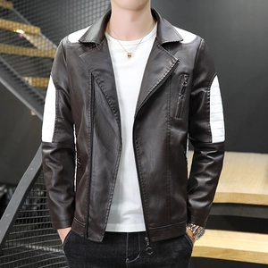 Men's dark brown PU leather biker jacket with contrast white stitching on shoulders