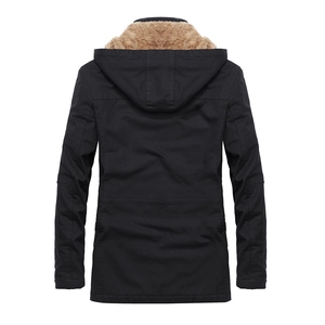 Men's mid-length hooded parka jacket in black with warm camel fleece lining
