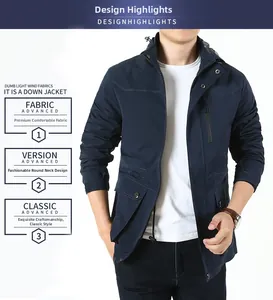 Detailed view of men's navy windbreaker featuring multiple pockets and stand collar
