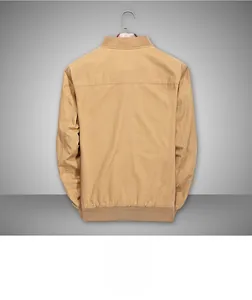 Rear view of khaki men's bomber jacket showing ribbed hem and back stitching details