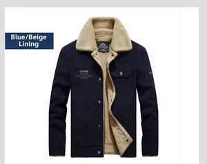 Detailed close-up of blue winter outdoor jacket showing khaki fleece lining and collar