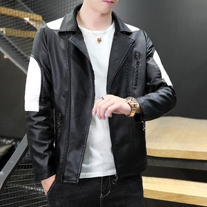 Men slim fit black PU leather biker jacket with white shoulder panels and zipper pockets