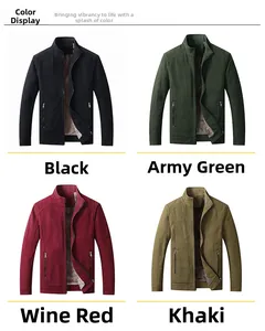 Detail view of winter fleece lined stand collar jacket in black, green, wine, and khaki