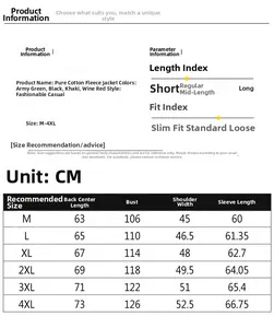 Detailed size chart for men cotton fleece jacket including length bust and shoulders