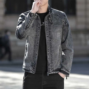 Men Stand Collar Denim Jacket Acid Wash Cotton Padded Biker Coat Zipper Multi-Pockets Slim Fit Casual Streetwear Outerwear