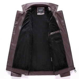Brown slim fit faux leather motorcycle jacket with thick black fleece lining and zipper