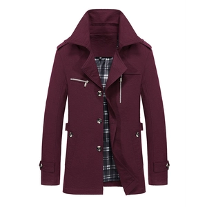 Men Mid Length Windbreaker Jacket Solid Color Polyester Cotton Blend Coat With Plaid Lining Casual Outerwear For Men Apparel