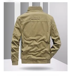 Back view of khaki men's cotton military jacket with standing collar and ribbed trim