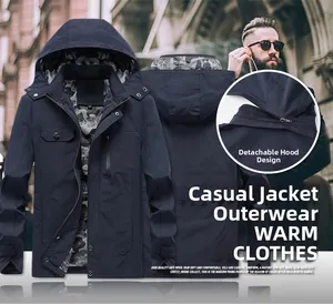 Detail of navy blue hooded jacket featuring detachable hood and camo print lining