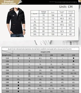 Detailed size guide table for men's hooded jacket with chest and length measurements