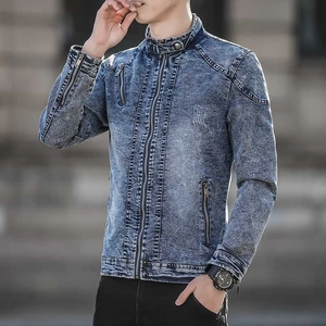 Men's acid wash blue denim jacket with stand collar and zipper pockets in urban style