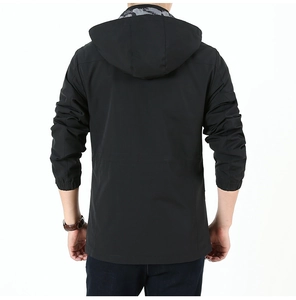Rear view of a men's waterproof hooded jacket showing windproof fabric and outdoor cut
