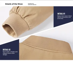 Detail of elastic ribbed cuffs and reinforced neckline on caramel cotton jacket