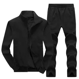 Men's casual black 2-piece sportswear set with zip-up stand collar jacket and trousers
