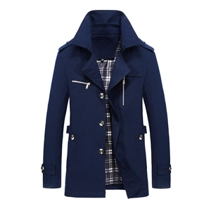 Men's dark blue windbreaker jacket with stand collar and classic plaid lining