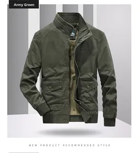 Close-up of military green vintage jacket featuring high collar and utility pockets