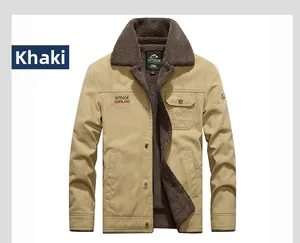 Detail view of khaki workwear jacket showing faux shearling lining and metal buttons