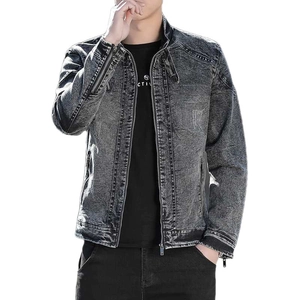 Men's retro grey washed denim jacket with stand collar and metal zippers in street style