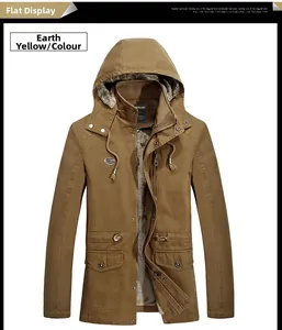 Detail view of earthy yellow hooded parka with warm plush lining and zipper pockets