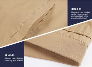 Detail of khaki men's cotton jacket featuring side pockets and a ribbed hemline