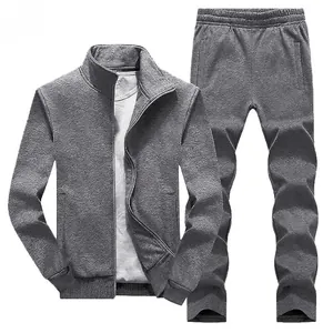 Men's 2-piece dark grey casual tracksuit with stand collar cardigan and drawstring pants