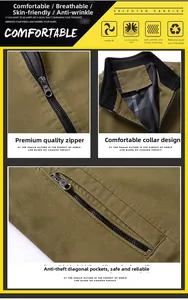 Detail of olive green cotton jacket showing ribbed collar, zipper and plaid lining