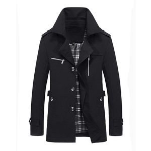 Men's stylish black mid-length jacket with stand collar, epaulettes, and plaid lining