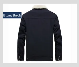 Detailed back view of a men's winter navy blue cargo jacket with fleece collar and adjusters