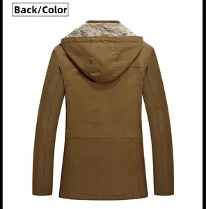 Rear view of brown heavy-duty hooded jacket with thick faux fur lining on hood