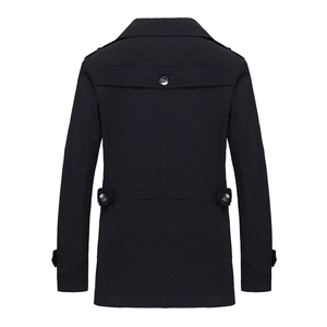 Men's stylish black trench coat jacket in mid-length with classic shoulder straps and back details
