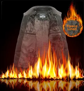 Detail view of winter jacket featuring thick brown fleece lining and ribbed stand collar