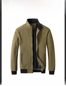 Detail of khaki men's jacket showing ribbed stand collar and zip closure in front view
