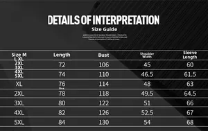 Detailed size chart for men mid-length hooded windbreaker jacket from M to 5XL