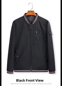 Detail view of black bomber jacket with red and white striped ribbed collar and cuffs