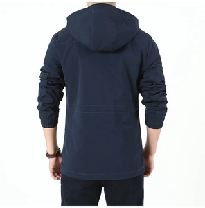 Rear view of a navy blue hooded windbreaker jacket with elastic cuffs and back stitching detail