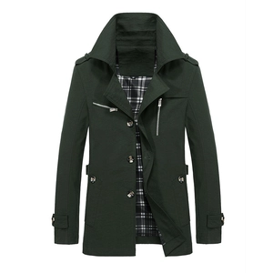 Men's dark green slim fit windbreaker jacket with metal zippers and plaid lining